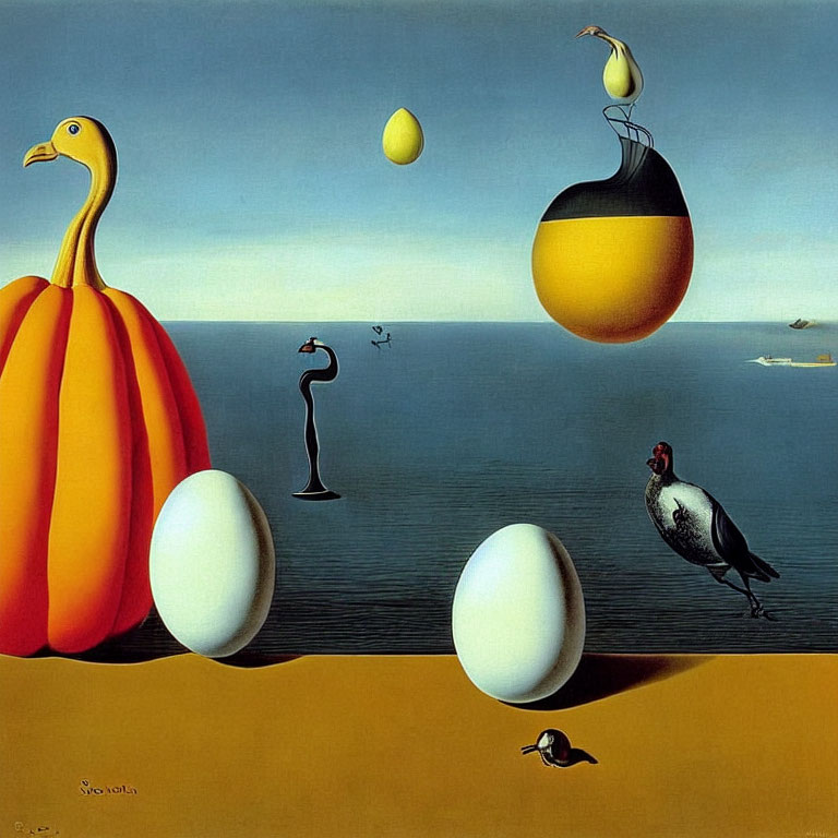 Surrealistic painting featuring giant orange gourd, bird with shell, eggs, floating sphere,