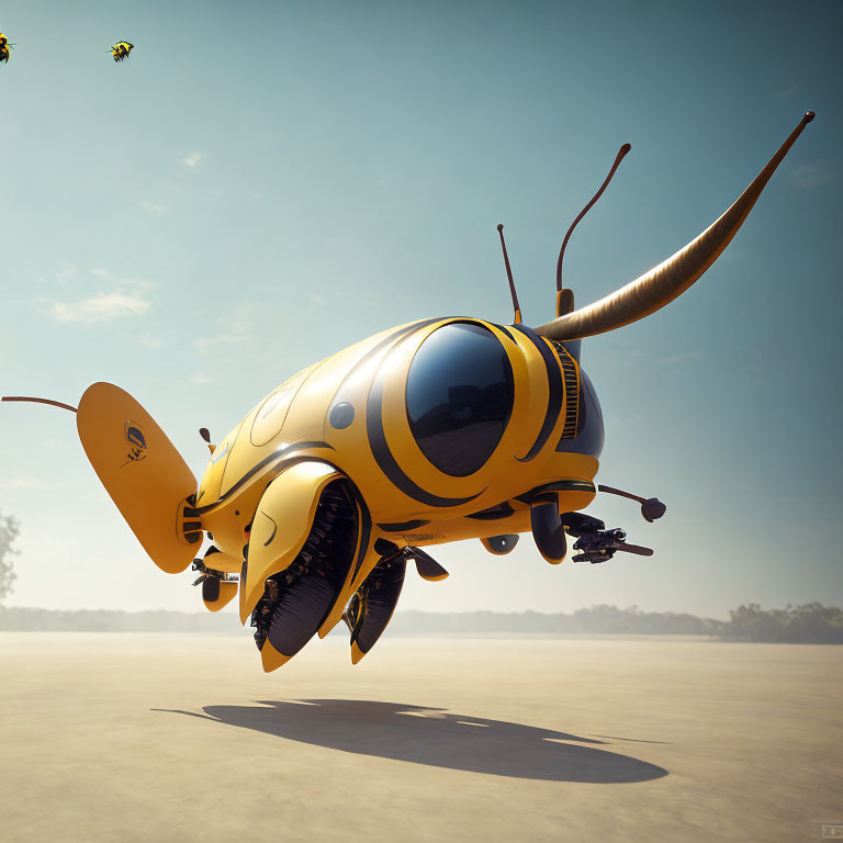 Futuristic yellow and black bee-themed flying vehicle with antennae and mechanical wings