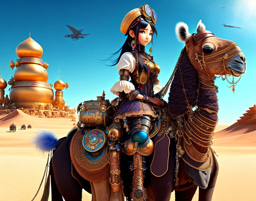 Steampunk-themed digital art: Woman in gear on mechanical camel with desert cityscape & flying ships