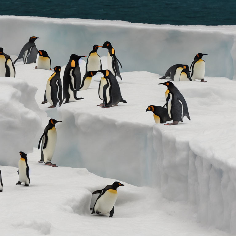 Group of Penguins on Icy Landscape with Some on Ledge