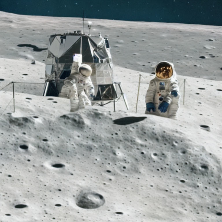 Astronauts in spacesuits near lunar module on moon's surface