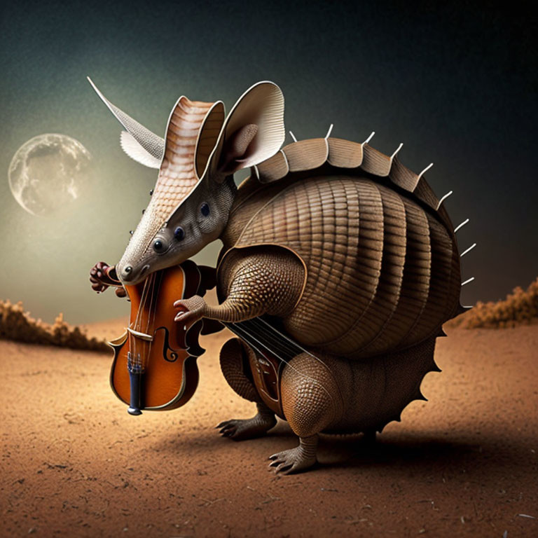 Illustration: Armadillo with Aardvark Features Playing Violin in Moonlit Desert