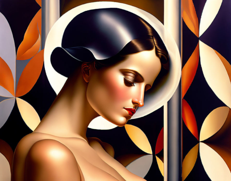 Illustration of woman in hat surrounded by warm geometric backdrop.