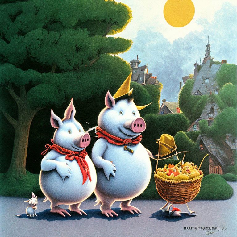 Anthropomorphic pigs in party hats with fruit basket and village background