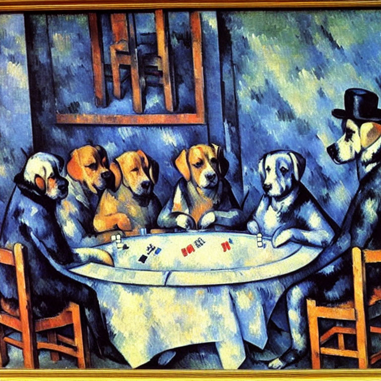 Five Dogs Playing Poker with Blusih-Green Expressionistic Background