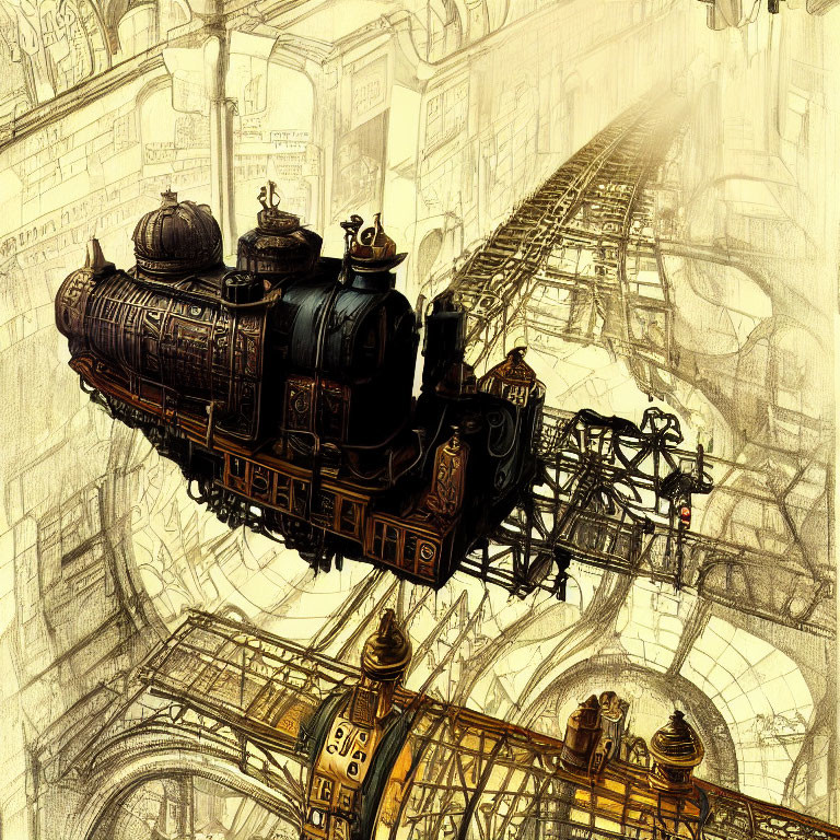 Intricate steampunk-style train on elevated track amid industrial backdrop
