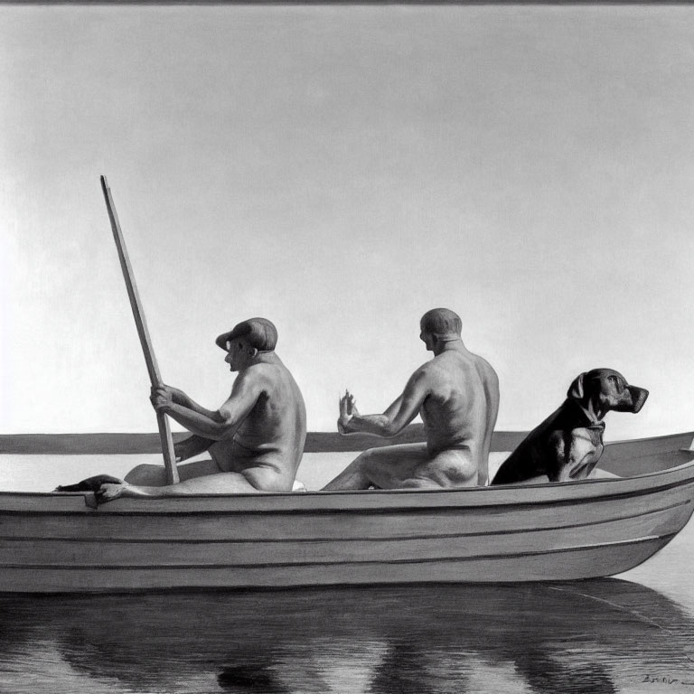 Two people and a dog in rowboat on calm water
