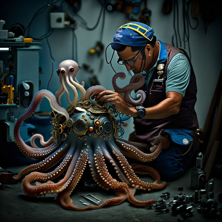 Mechanic working on steampunk mechanical octopus in dim workshop