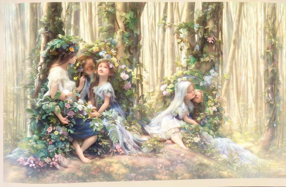 Four ethereal figures with floral adornments in a sunlit forest.