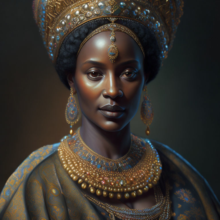 Elegant portrait of a regal woman with ornate headgear and jewelry
