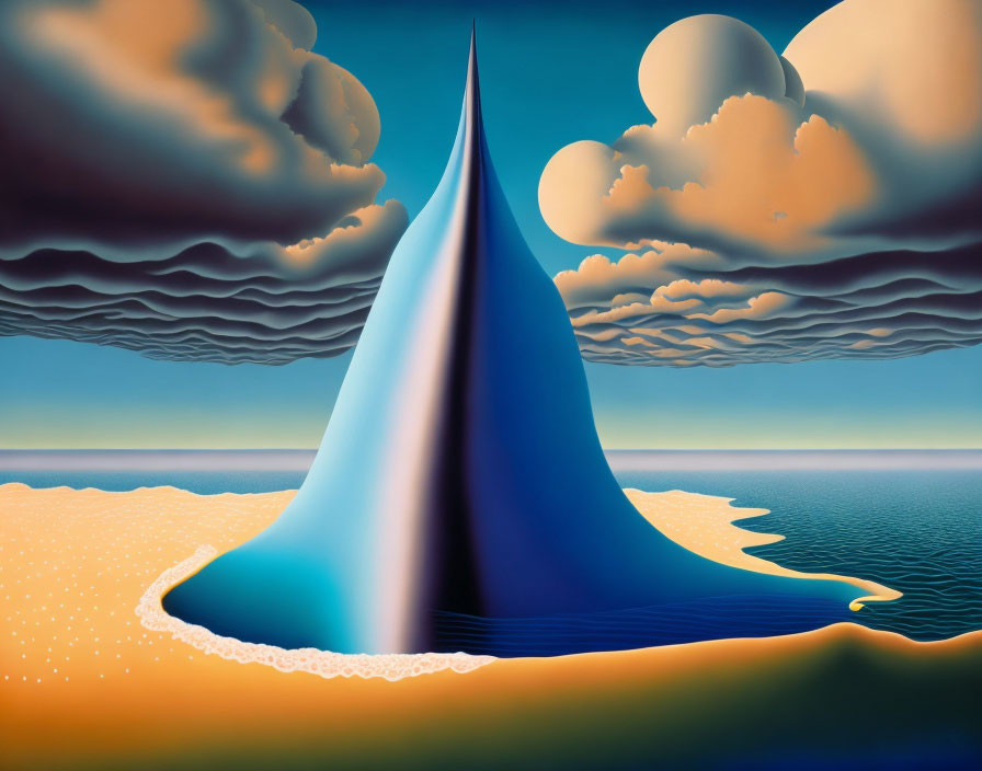 Surrealist painting featuring conical blue mountain on orange beach