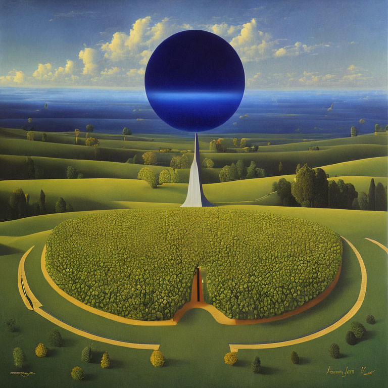 Surrealist landscape painting with blue sphere on conical hill