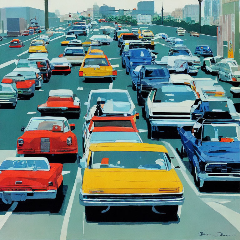 Vibrant painting of crowded urban traffic scene