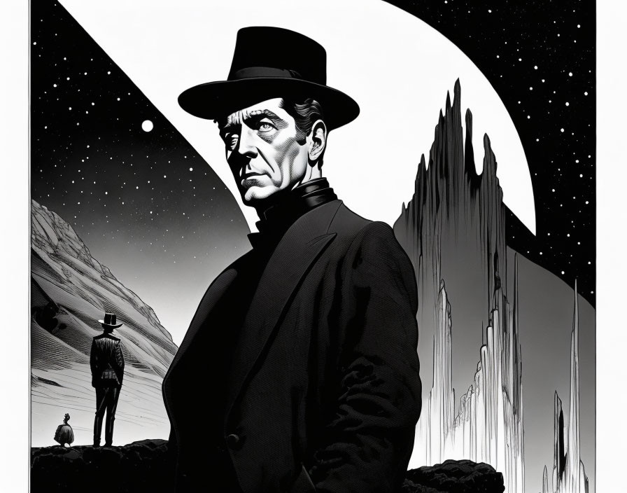 Monochrome illustration of man in suit and top hat in desert night scene