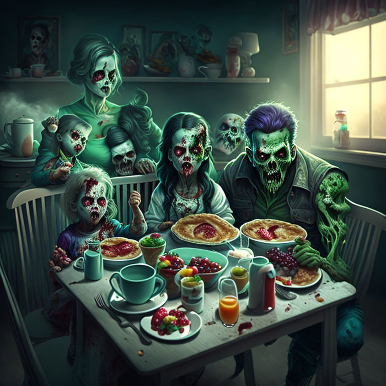 Zombie Family Dining Scene with Pancakes and Fruit in Gothic Setting