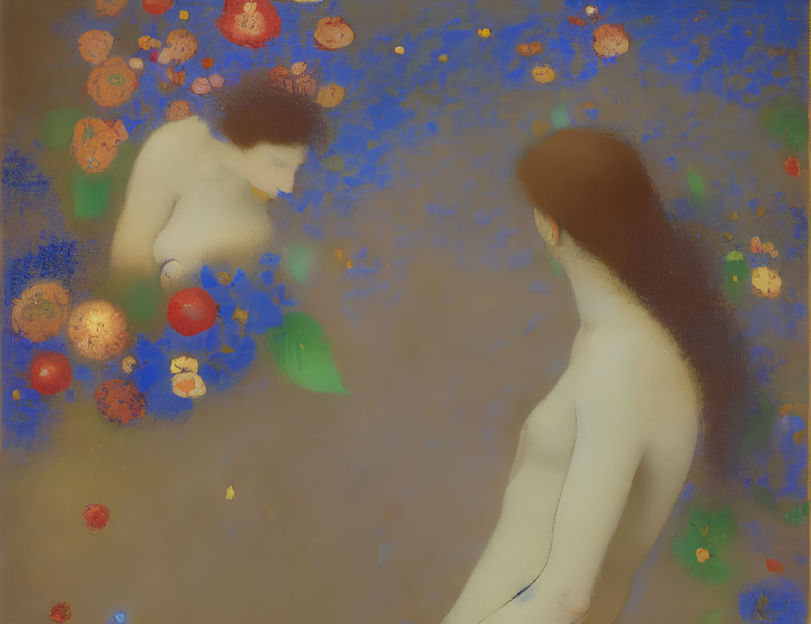 Ethereal figures with floating orbs in dreamy scene