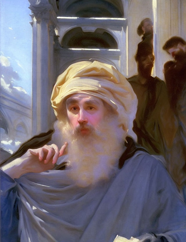 Historical painting of bearded man gesturing for silence in architectural setting