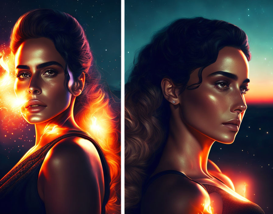 Split Image: Woman with Fiery & Cool Effects, Warm & Cool Tones