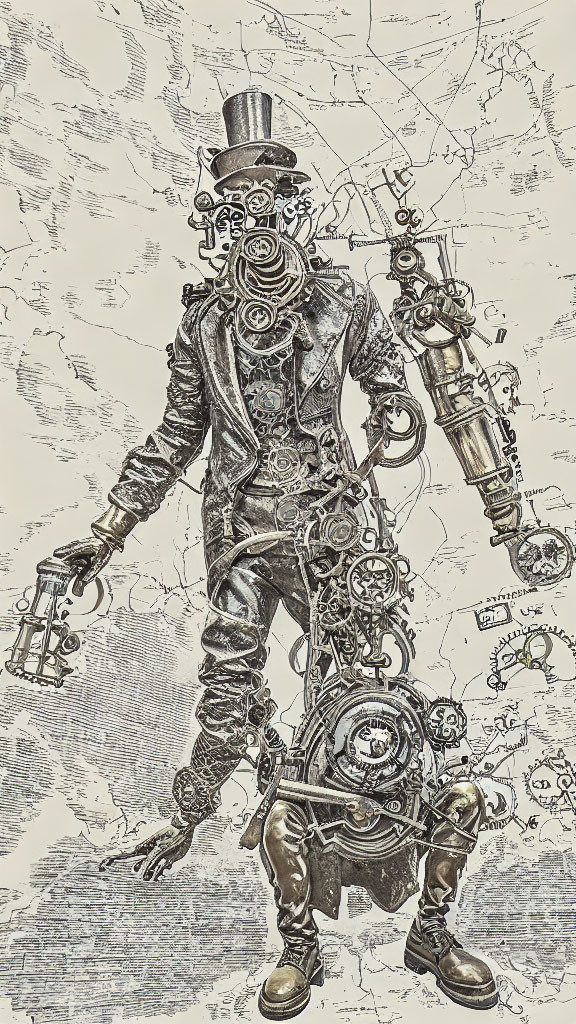 Steampunk humanoid figure with mechanical parts on vintage map background