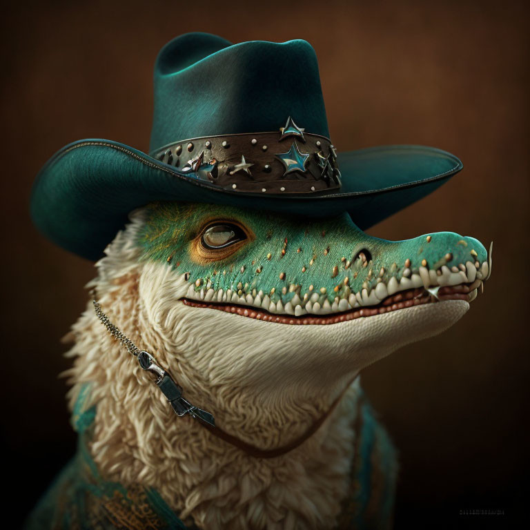 Anthropomorphic reptile digital artwork with cowboy hat and toothy grin
