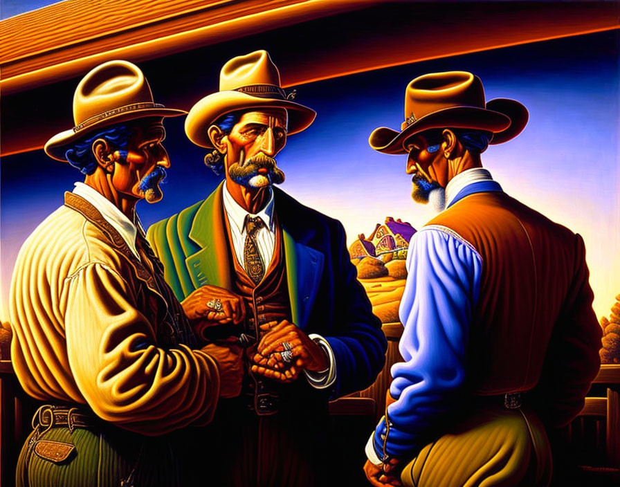 Three cowboys in western attire against sunset background with tense posture