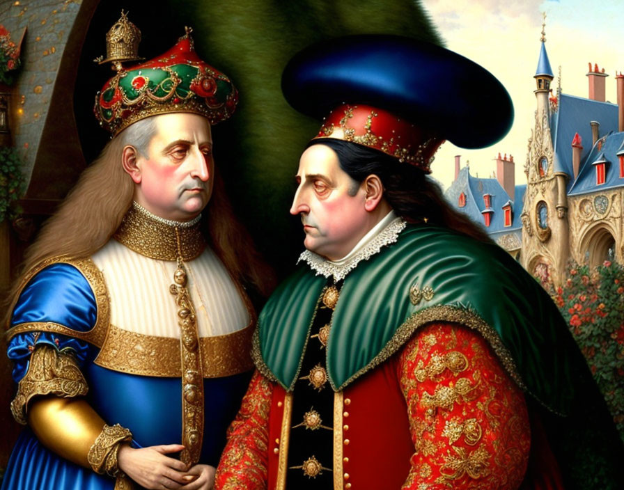 Regal figures in historical attire with crowns against royal backdrop
