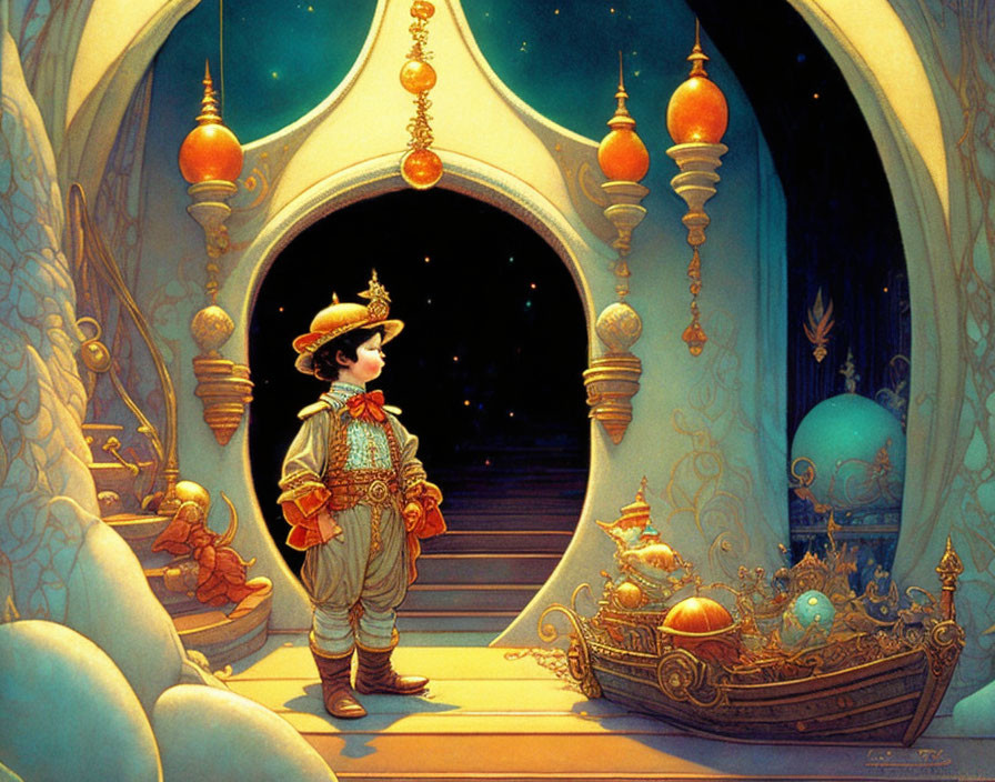 Young boy in renaissance attire at opulent doorway with treasure-filled boat