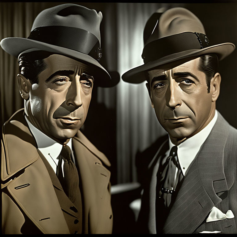 Vintage Attire: Two Men in Fedoras and Trench Coats Embody Film-Noir A