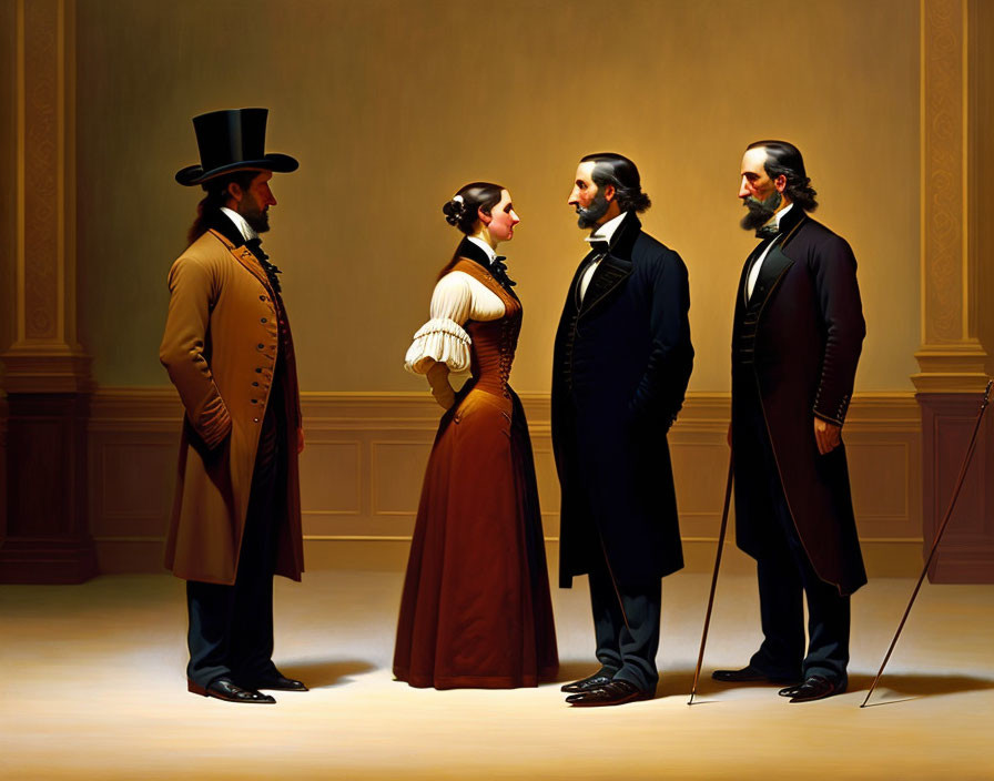 Victorian-era individuals in room: two men in top hats with canes, lady in long dress