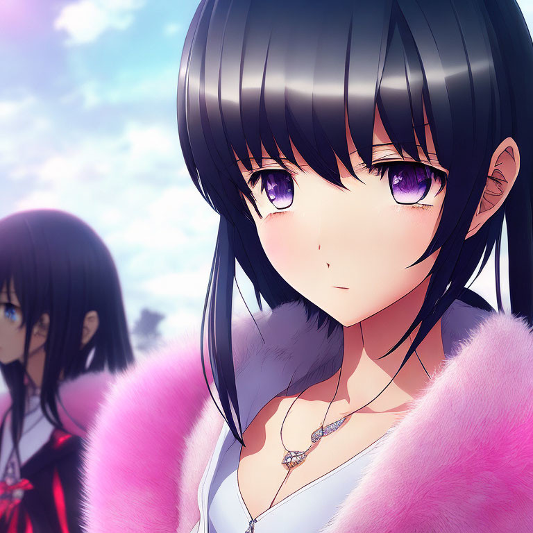 Anime girl with long black hair and purple eyes, featuring a pink fur collar and a subtle smile.