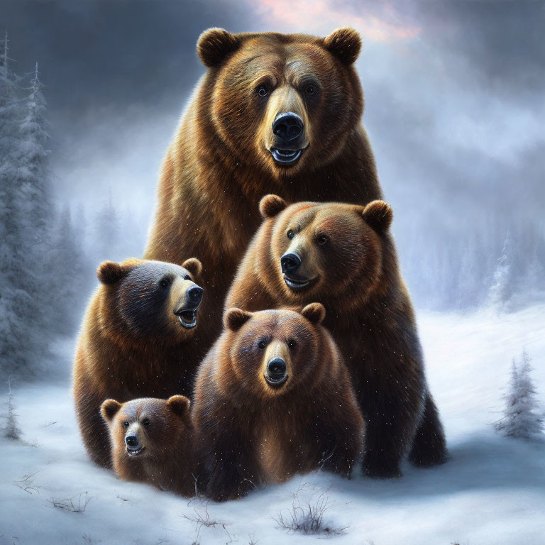 Family of Four Bears Sitting in Snowy Forest Clearing