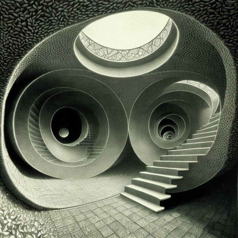 Surreal Illusion: Spiraling Staircases in Ovular Frame