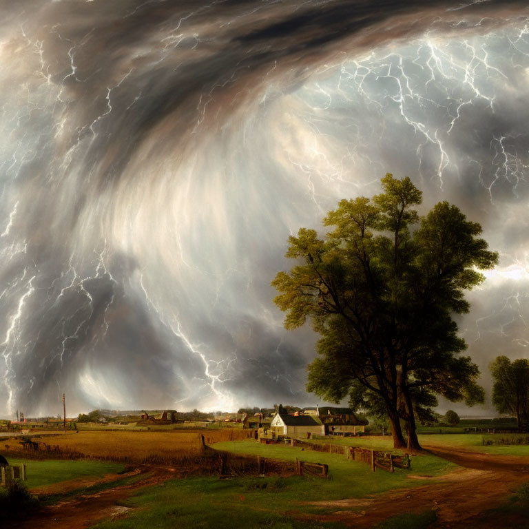 Intense Storm Landscape Painting with Swirling Clouds and Lightning