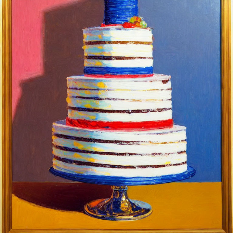 Vibrant multi-tiered cake painting with blue, red, and yellow stripes in golden frame