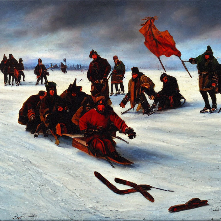 Historical winter gathering on snowy landscape