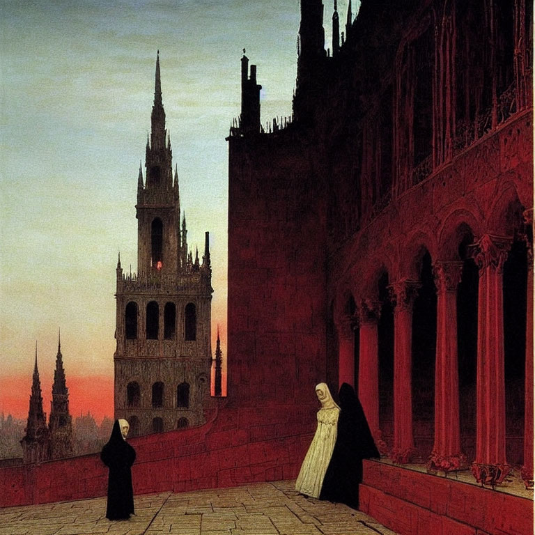 Mysterious figures on gothic balcony with tower in red sky