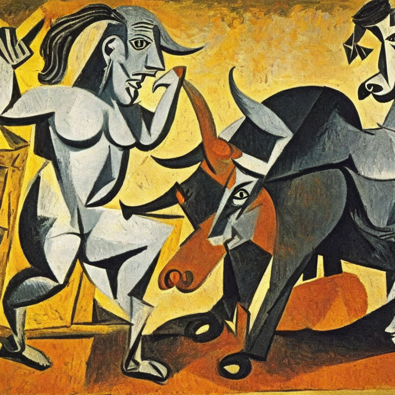 Cubist painting of woman and bull in yellow and black palette