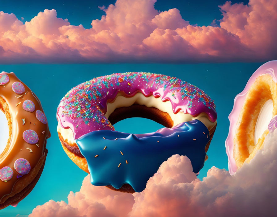 Colorful Floating Donuts in Whimsical Sky Illustration