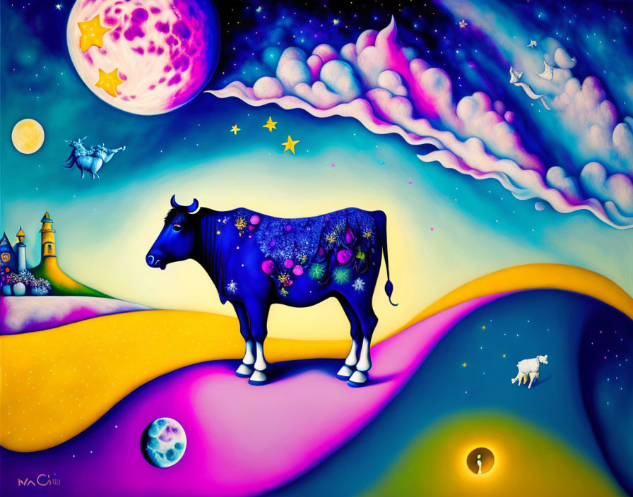 Colorful Cosmic Bull Landscape with Celestial Bodies and Castle