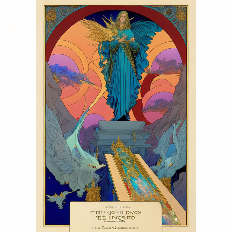 Art Nouveau style illustration of ethereal woman, peacocks, and landscapes
