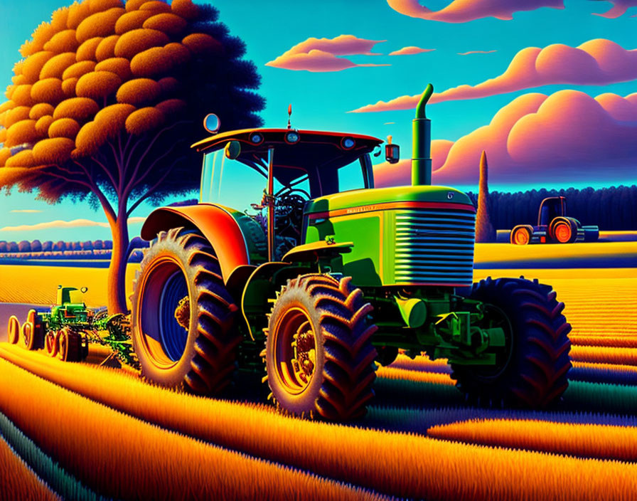 Stylized image of green tractor in field at sunset