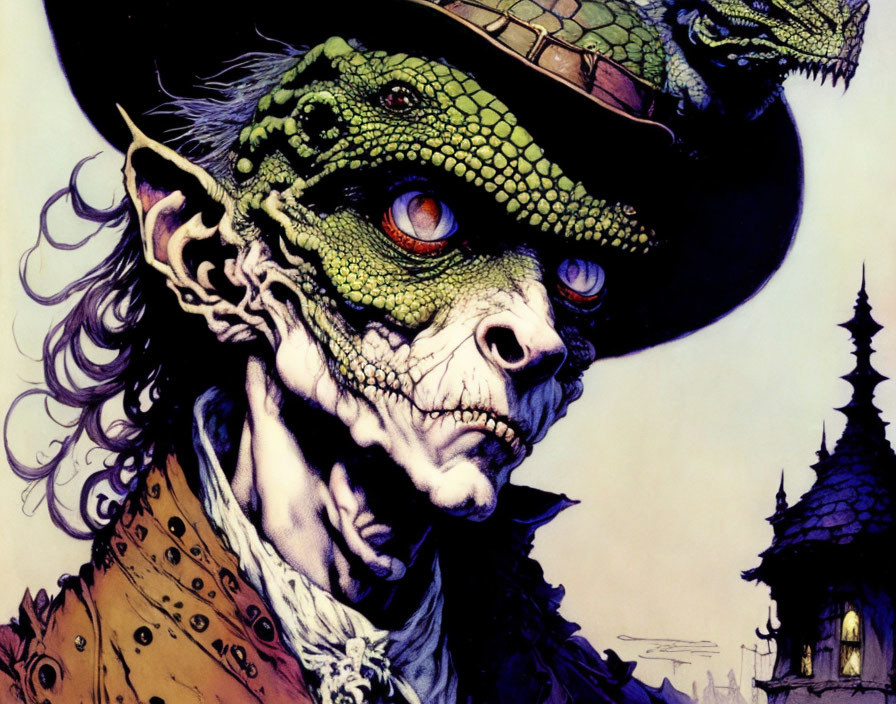 Humanoid Creature with Reptilian Head and Hat in Castle Background