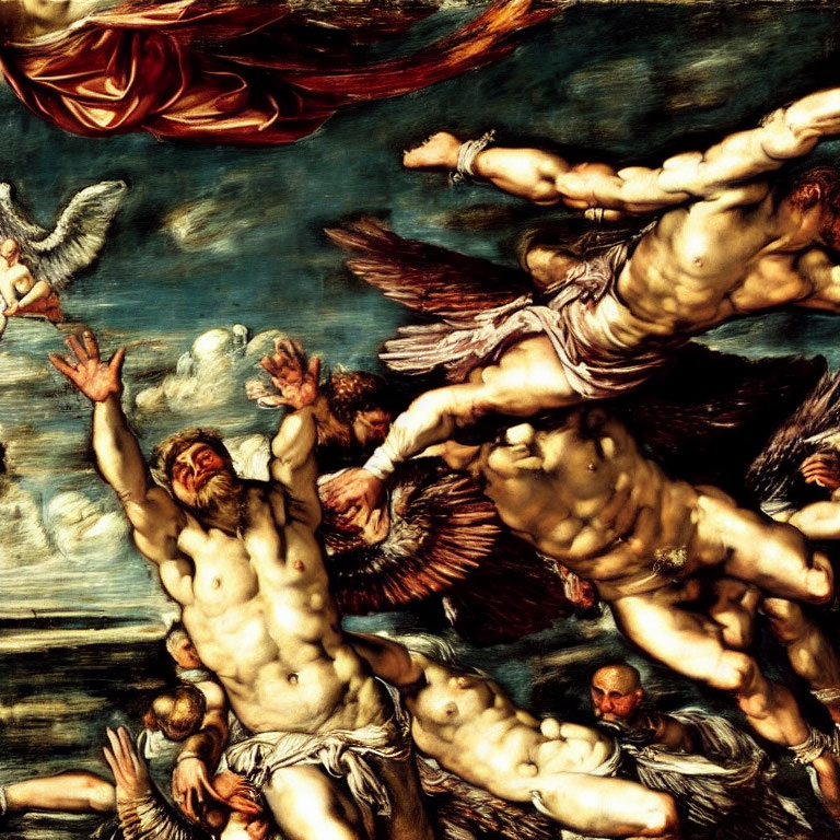 Baroque painting with muscular figures and angels in dramatic motion