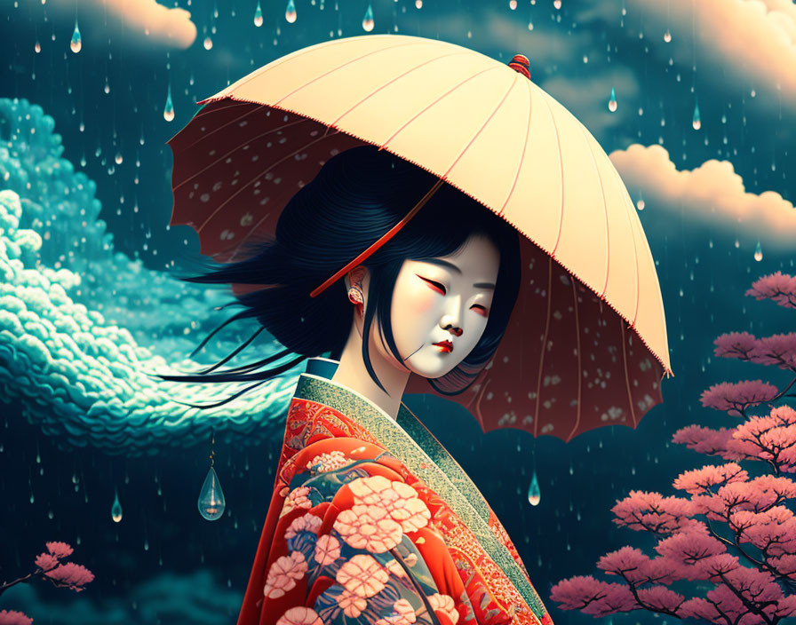 Woman holding umbrella in rain shower with cherry blossoms - serene illustration