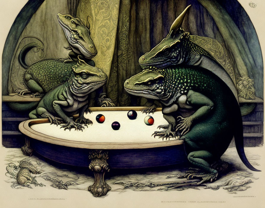 Anthropomorphic alligators in Victorian billiards scene