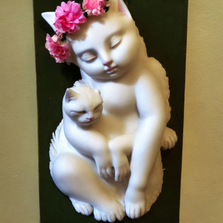 White Cat Statue with Pink Flower Crown Embracing Kitten