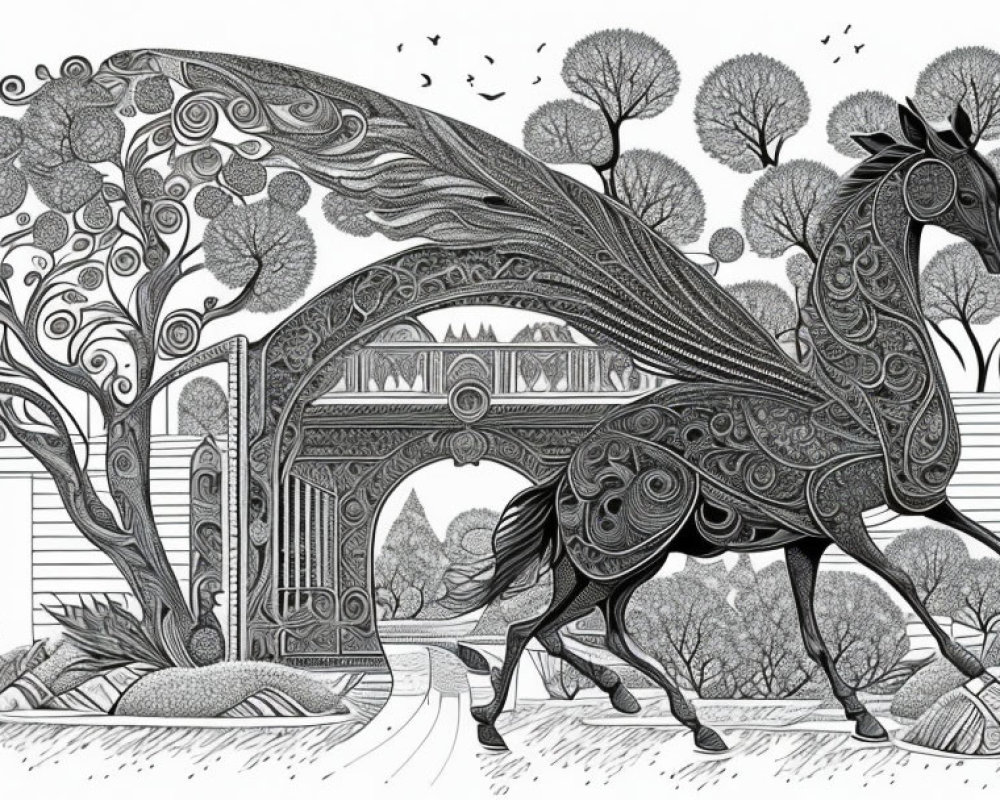 Detailed black and white horse illustration with ornate patterns and elegant bridge.