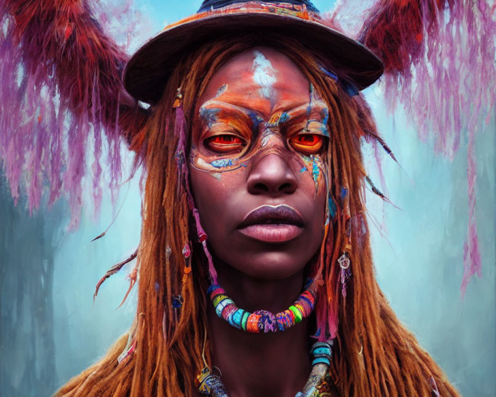 Colorful face paint, witch hat, and eclectic jewelry on mystical background with pink plumes
