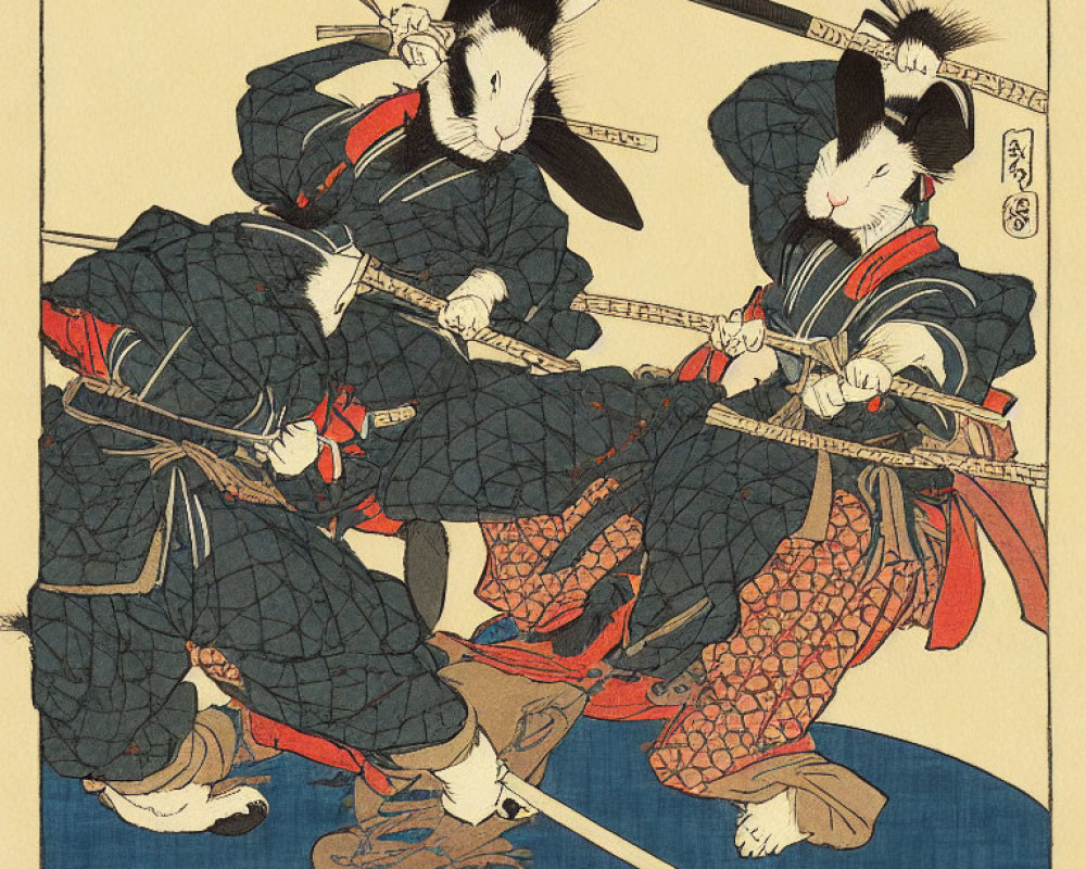 Anthropomorphic rabbits in samurai armor sword fight under beige sky