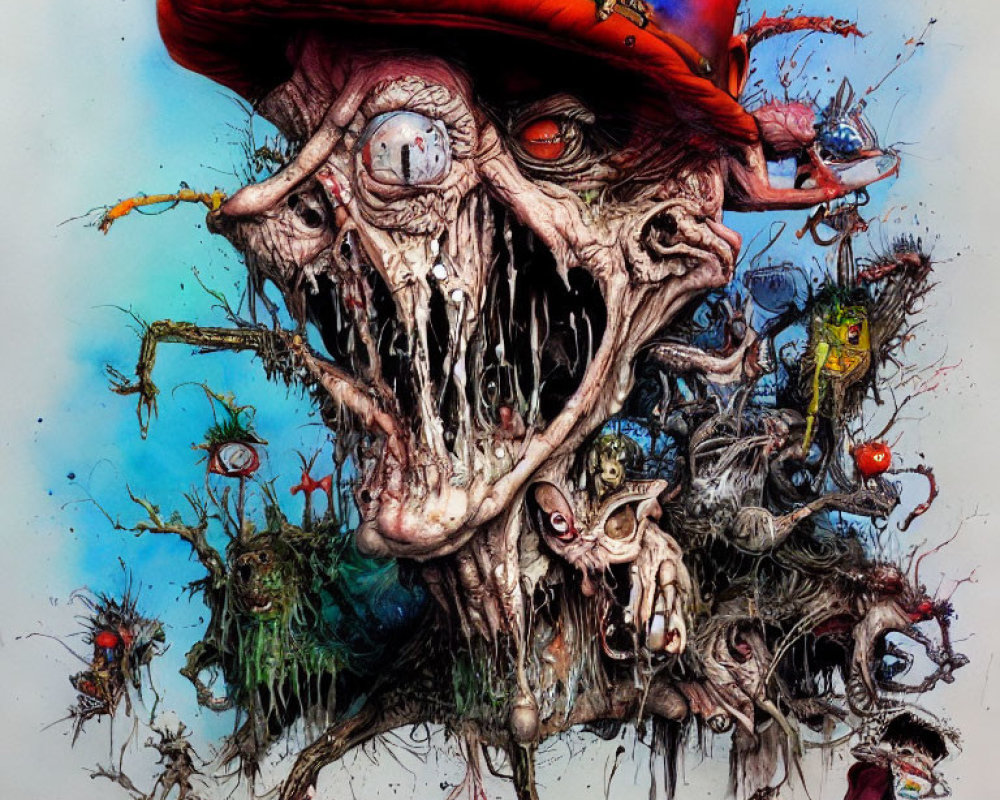 Colorful chaotic artwork with distorted creatures, eyes, and a red hat.